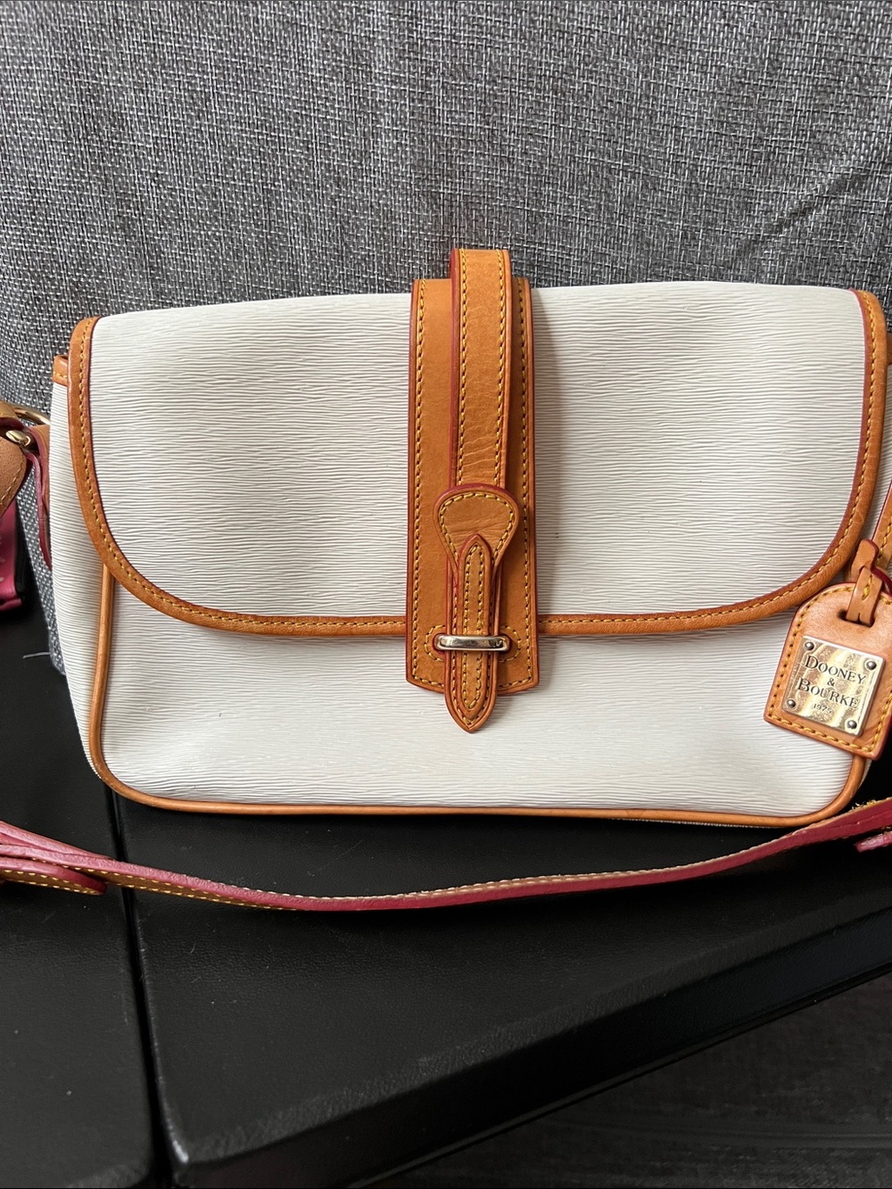 Dooney & Bourke White and Tan Leather Trim Crossbody Bag